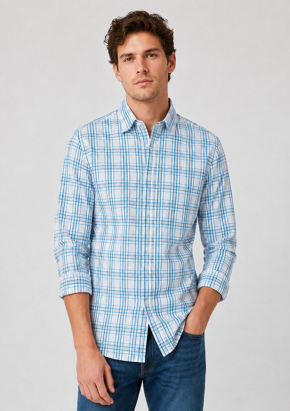 Express Mens Modern Fit Collared Button Up Shirt Long Sleeve Check Size Medium